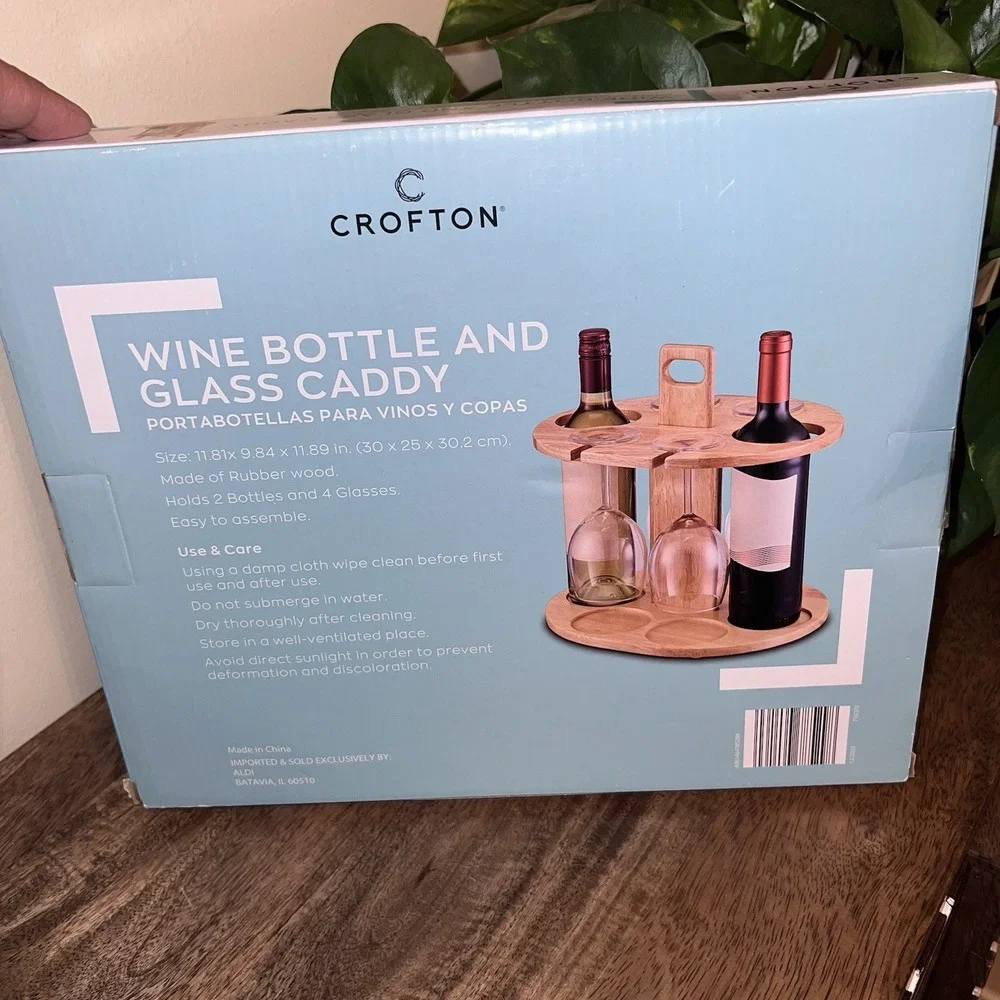 Wine Bottle Holder Glass Caddy Cup‎ Wooden Rack w/ Handle New in Box
